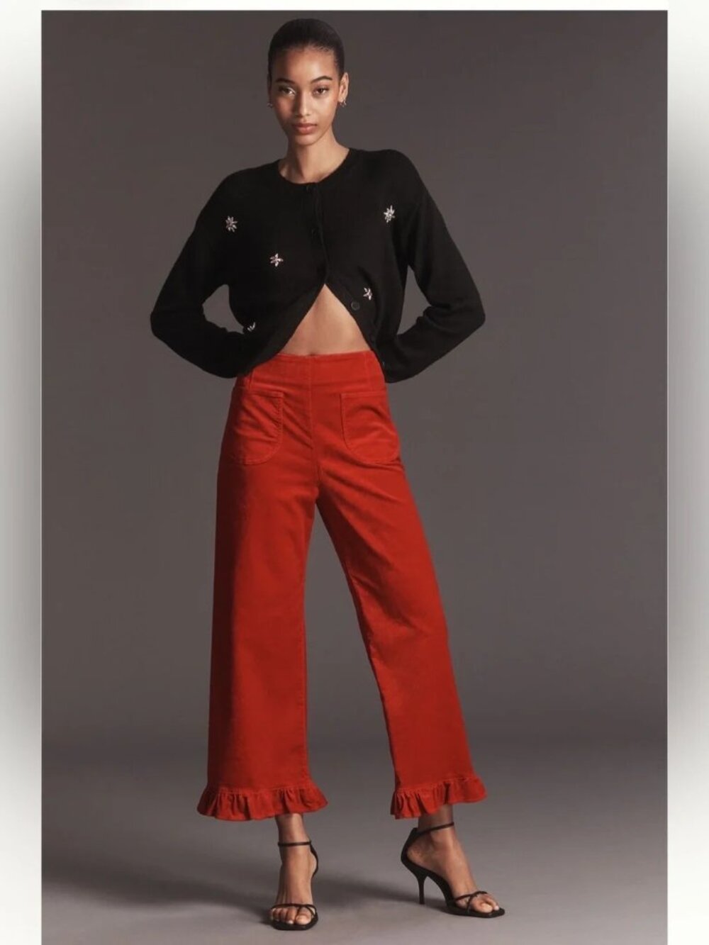 Anthropologie Maeve Colette Cropped Velvet Ruffle Hem Pants